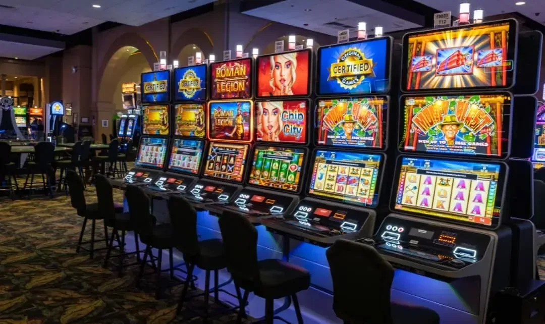 The gaming floor of the Camrose Casino in Camrose, Alberta, with rows of slot machines