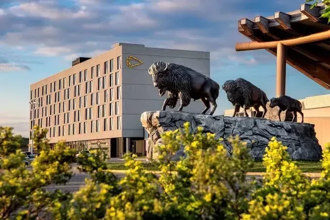 Bison sculptures in front of the Dakota Dunes Resort building near Whitecap, Saskatchewan